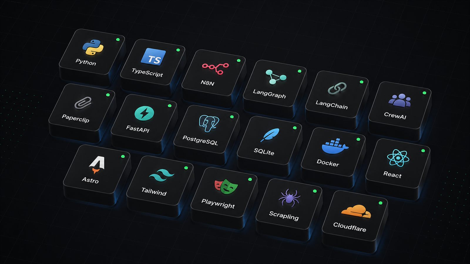Dark tool stack grid with cubes for Python, N8N, LangGraph, Paperclip, FastAPI, PostgreSQL, React, Astro, Tailwind, Playwright, and Cloudflare